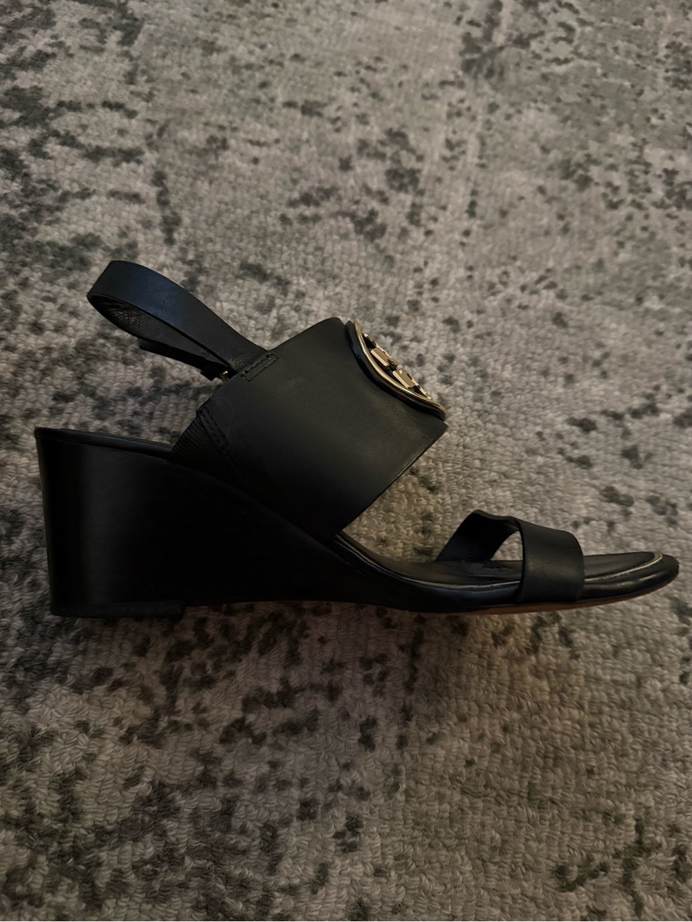 Tory Burch Black Leather Wedge Sandals with Gold Logo Medallions - Picture 2 of 4